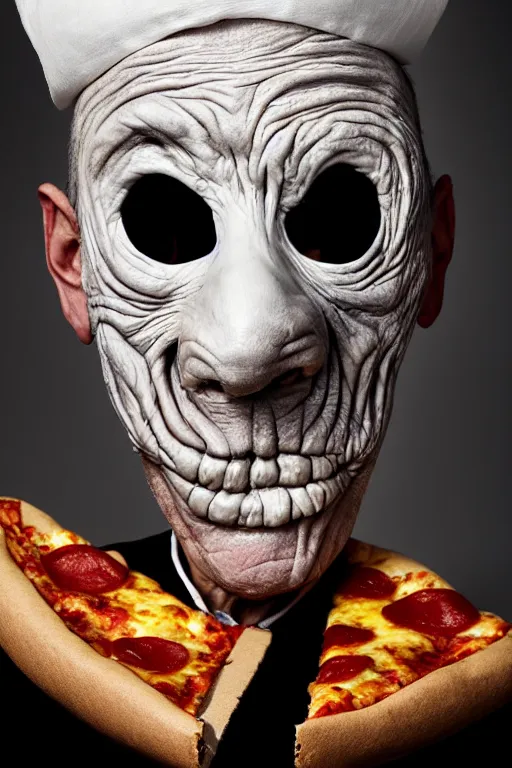 Prompt: portrait photo of an old wrinkled man, skinny face, bony face, long crooked nose, large gaping mouth, black pulcinella mask, masquerade mask, pointy conical hat, white wrinkled shirt, holding up a pizza, presenting a large pizza, close - up, skin blemishes, menacing, intimidating, masterpiece by lisa kristine