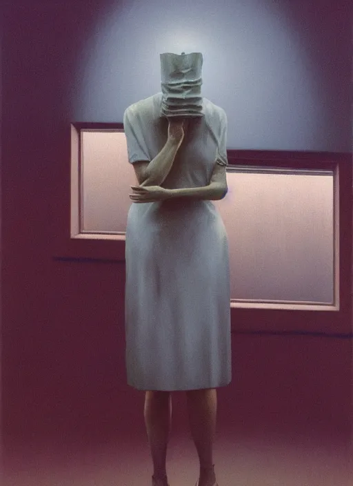 Prompt: women in paper bag over the head with portable oxygen tank Edward Hopper and James Gilleard, Zdzislaw Beksinski, highly detailed