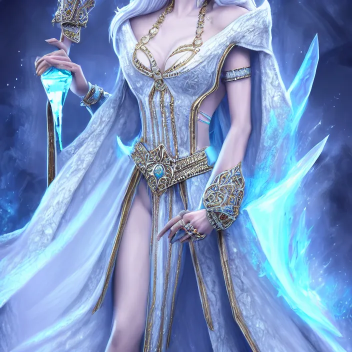 Image similar to beautiful ice queen in ornate robes, highly detailed, 8 k, hdr, award - winning, trending on artstation, anne stokes, photorealistic