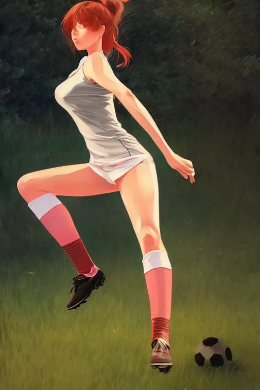 Image similar to a girl playing soccer, full shot, fine - face, realistic shaded perfect body, fine details. night setting. very anime style. realistic shaded lighting poster by ilya kuvshinov katsuhiro, magali villeneuve, artgerm, jeremy lipkin and michael garmash, rob rey and kentaro miura style, trending on art station