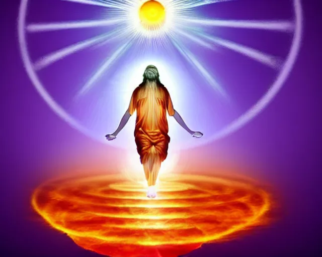 Image similar to [mind explosion]god floating down from heaven. he is meditating. inspired by meditation. [mind explosion] teleportation