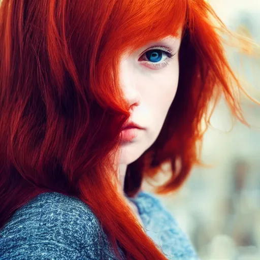 Prompt: highly detailed picture of a beautiful redhead woman, perfectly symmetrical face, sharp focus