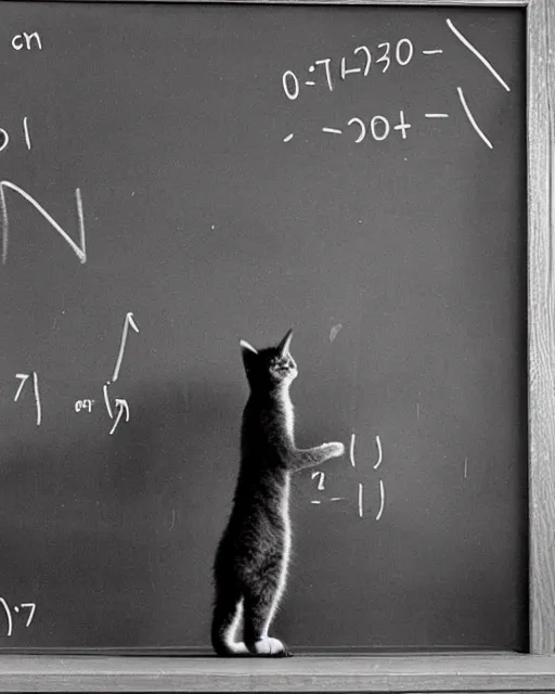 Image similar to a tall kitten standing in from of a blackboard writing math formulae, realistic photo, 1970s