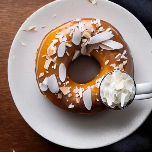 Prompt: donut glazed with white chocolate, almonds and coconut shavings, with a cup of tea