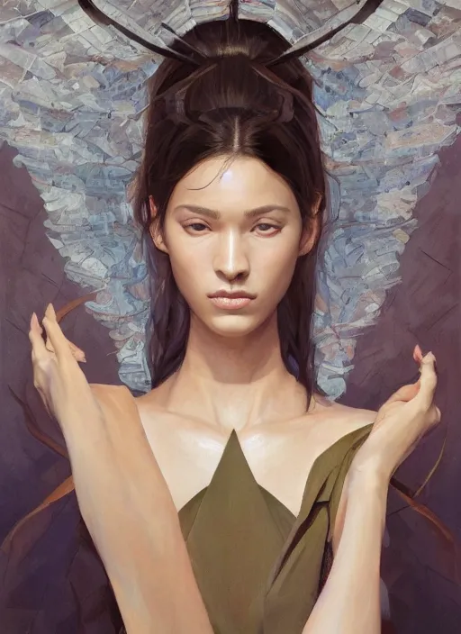 Image similar to a professional painting of a beautiful young female, wearing an origami kimono, olive skin, long dark hair, beautiful bone structure, symmetrical facial features, intricate, elegant, digital painting, concept art, smooth, sharp focus, illustration, from Metal Gear, by Ruan Jia and Mandy Jurgens and Artgerm and William-Adolphe Bouguerea