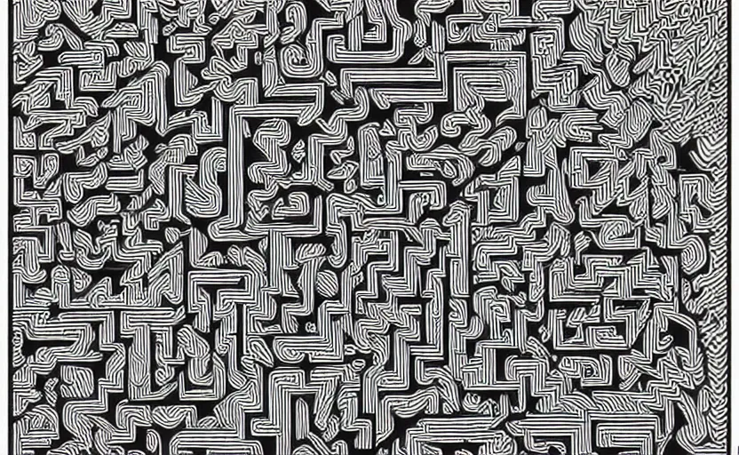 Image similar to chunky bold maze linework highly detailed optical illusion escher