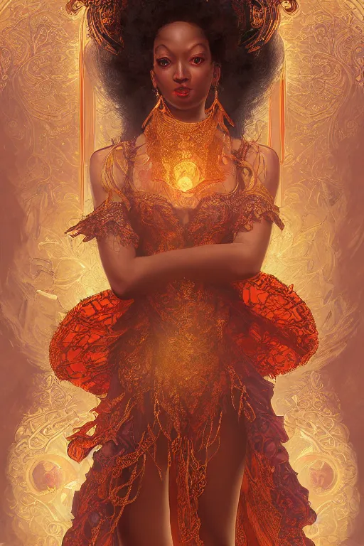 Image similar to tarot card artstation, portrait of a black love dancer, sunrise, baroque ornamnet and rococo ornament, ancient chinese ornate, hyperdetailed, beautiful lighting, craig mullins, mucha, klimt, yoshitaka amano, red and gold and orange color palatte