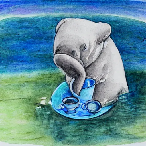 Image similar to cute manatee drinking tea detailed watercolor and colored pencil painting 4 k