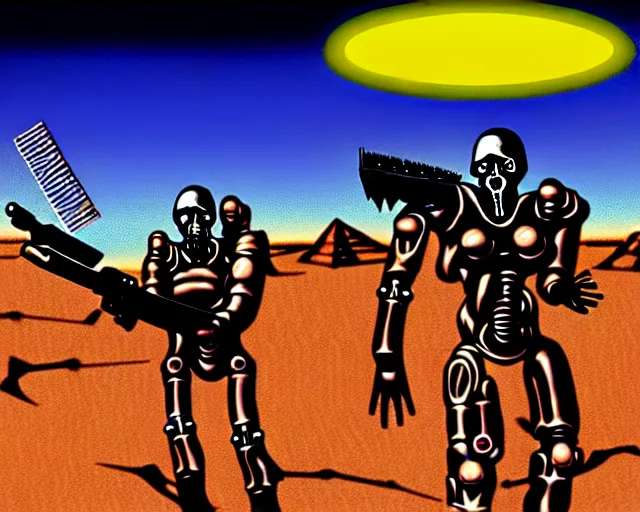 Image similar to cybernetic evil warzone bladed weapons razor projectiles humanoids goin stupid, desert scene