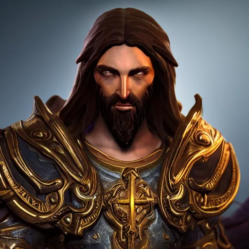 Image similar to a videogame still of Jesus in Diablo III, portrait, 40mm lens, shallow depth of field, close up, split lighting, cinematic