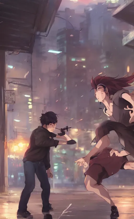 Prompt: a street fight, full shot, atmospheric lighting, detailed faces, by makoto shinkai, stanley artgerm lau, wlop, rossdraws