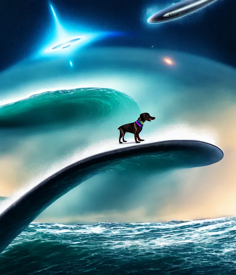 Image similar to black coat wiener dog surfing a surfboard on a crashing l wave of alien ocean in space, background is an alien galaxy, aliens in the background, alien colors, octane render, unreal engine, wide view, 8 k, high detaild