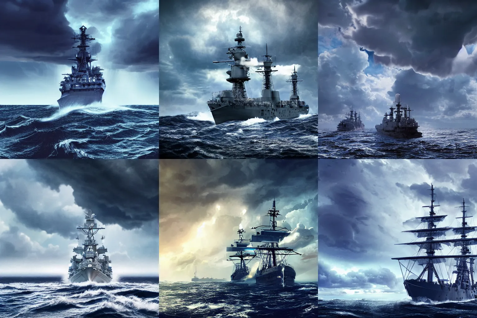 Prompt: a warship sailing on rough seas, epic dark towering thunderclouds in the background, intricate details, intricate textures, blue tint, realistc octane render, hyper realistic render, volumetric shading, depth of field, soft lighting, 8k