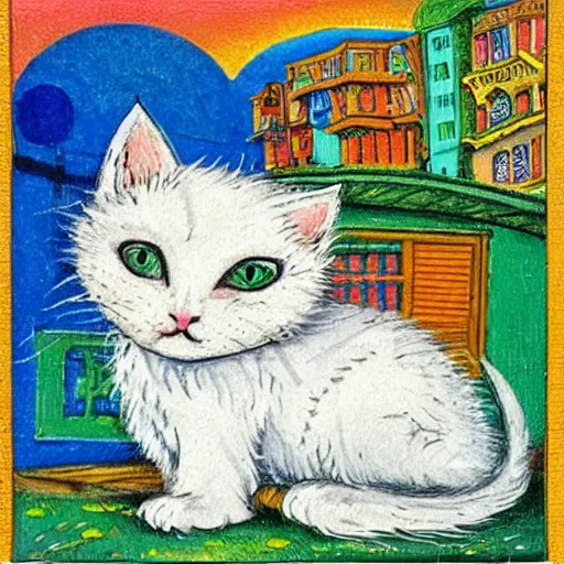 Prompt: a small sad white kitten at fisherman's wharf in San Francisco, fantasy illustration, Louis William Wain