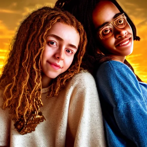 Image similar to intricate beautiful hyperreal portrait of a hermione granger and hermione granger, smiling softly, casual clothes, relaxing on the couch, home interior, golden hour, close up shot, 8 k, art by irakli nadar, hyperrealism, hyperdetailed, ultra realistic