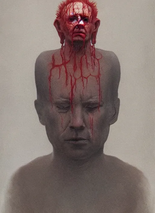 Prompt: lord loss, king of sorrow, book portrait, pale red, lumpy skin, he has very dark - round red sad eyes with even darker red pupils. tiny cracks in skin seep, symmetric lights and fog, in the style of zdzislaw beksinski, glowing light and shadow, hyperrealist, 8 k