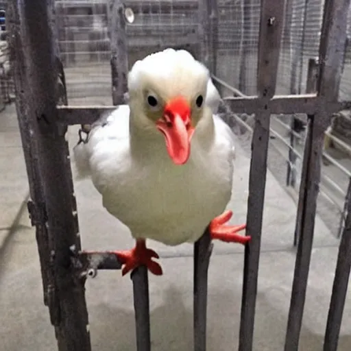 Image similar to cute chicken dressed as a prisioner in jail