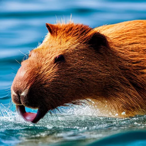 Prompt: a capybara swimming in the ocean while eating a watermelon, cinematic shot, sun rays, photo