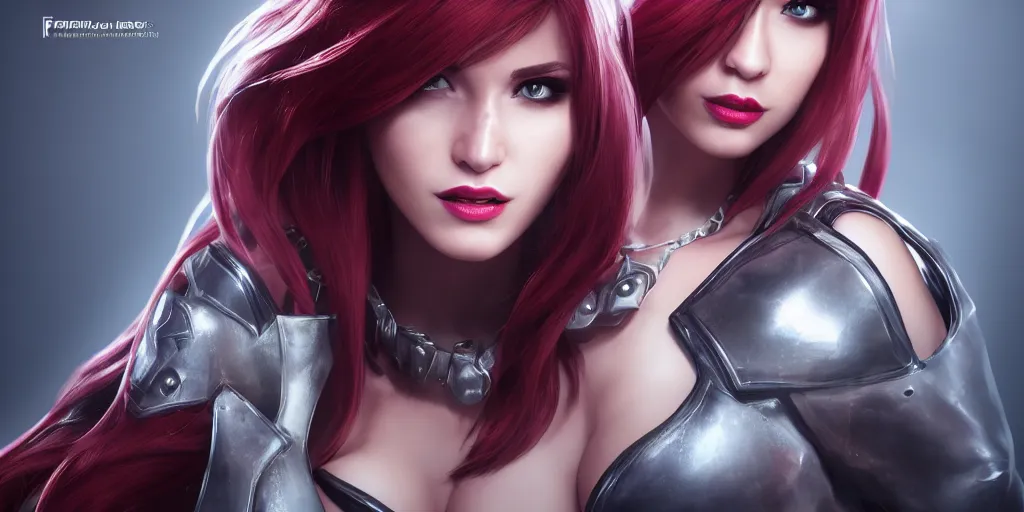 Image similar to Katarina from League of Legends, photorealistic studio portrait, studio lighting, unreal engine 5, hyperrealistic, dynamic lighting, white ambient background, realistic, highly detailed