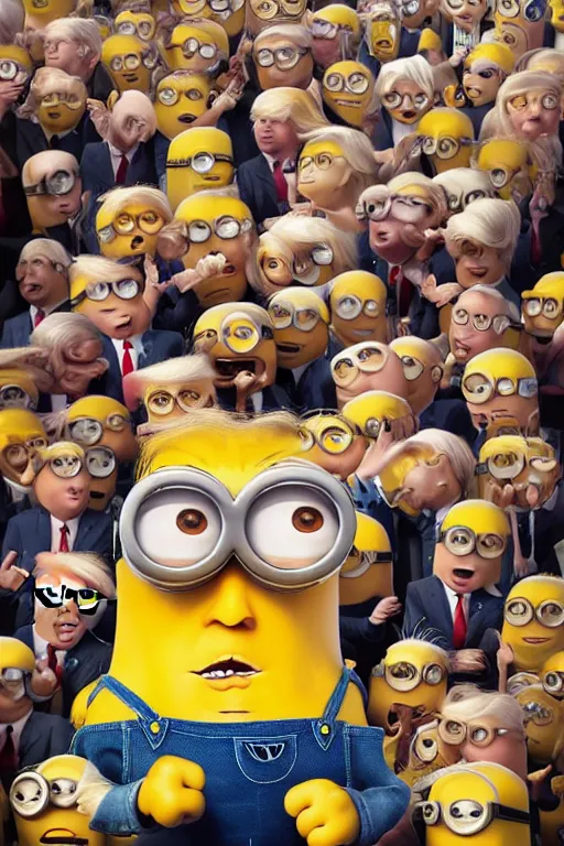 Image similar to trump as a minion, blond hair, riot background oil on canvas, intricate, portrait, 8 k highly professionally detailed, hdr, cgsociety