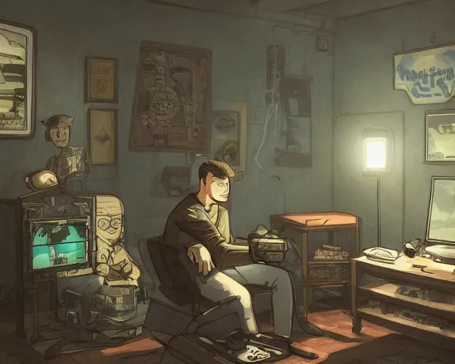 Image similar to a beautiful illustration of my friend mark kidd, playing fallout new vegas on the xbox 3 6 0 in his living room. the tv is the only light source, in the style of studio ghibli, artwork by studio ghibli, cinematic composition, anime