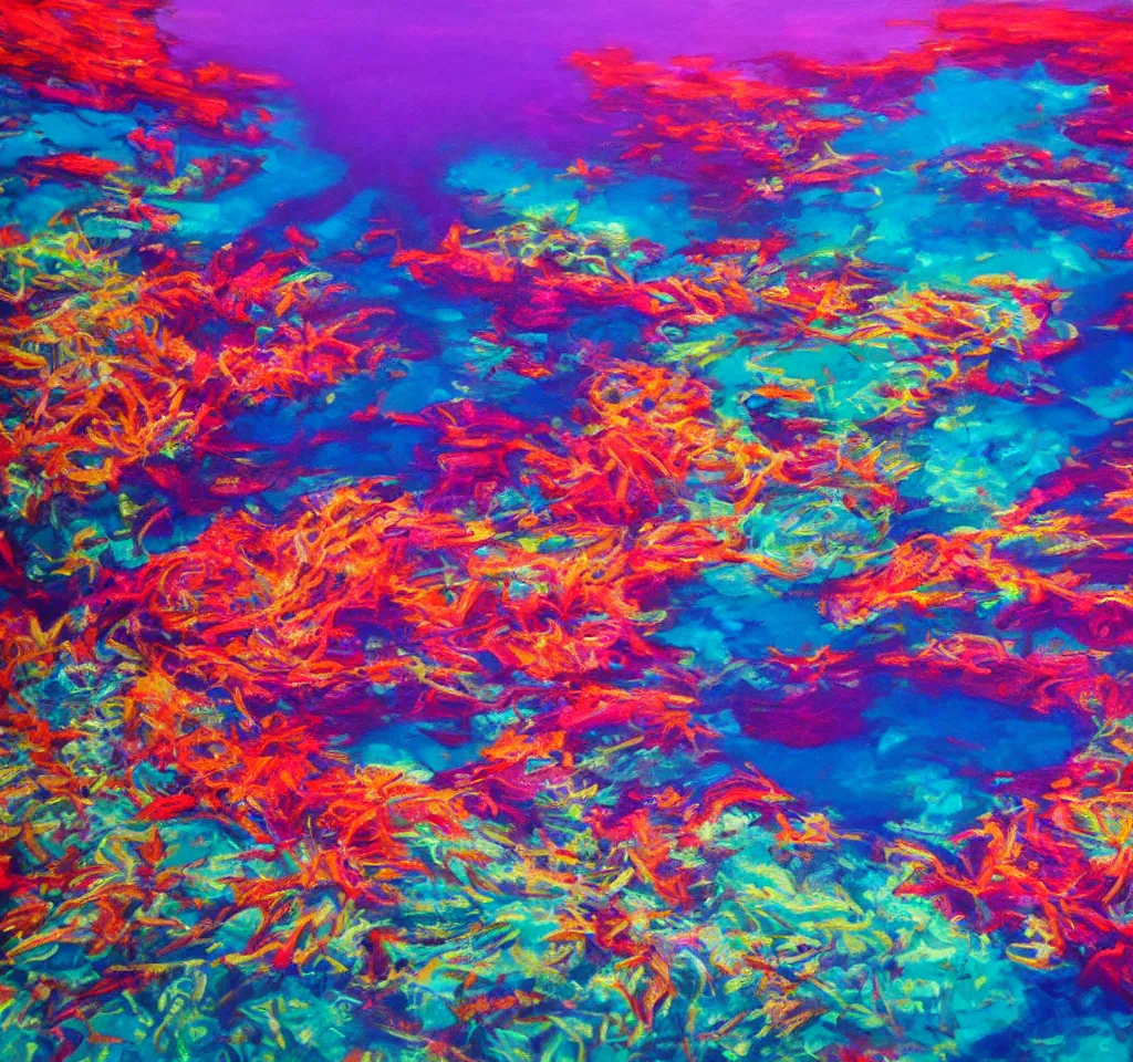 Image similar to underwater neon coral reef landscape magical realism painting with sun rays coming from above, neon pastel colors