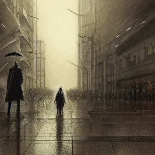 Image similar to close up of dystopian london raining with robots walking the streets, pencil sketch, realistic shaded, fine details, realistic shaded lighting poster by greg rutkowski