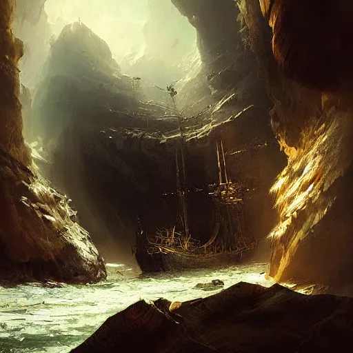 Prompt: a galleon ship, lost in a cave, by Darek Zabrocki