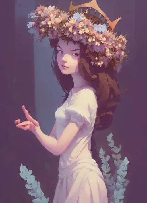 Image similar to portrait of cute nymph girl with crown of flowers, fantasy, by atey ghailan, by greg rutkowski, by greg tocchini, by james gilleard, by joe gb fenton, by in kaethe butcher, dynamic lighting, gradient light blue, brown, blonde cream and white color in scheme, grunge aesthetic