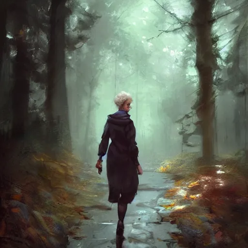 Image similar to marie curie walking in the woods digital art by ruan jia and mandy jurgens and artgerm, highly detailed, trending on artstation, award winning