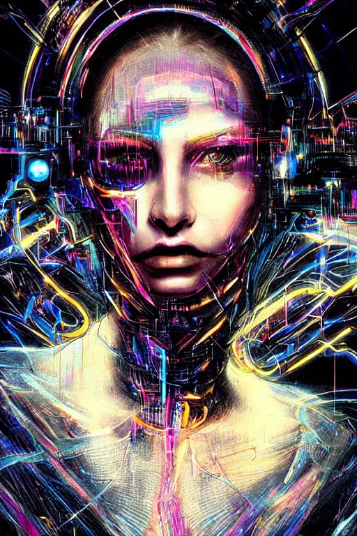 Prompt: portrait, headshot, digital painting, an beautiful techno - witch lady in circuit electronic mask, opalescent, synthwave, glitch, vhs, fracture,, realistic, hyperdetailed, chiaroscuro, concept art, art by john berkey