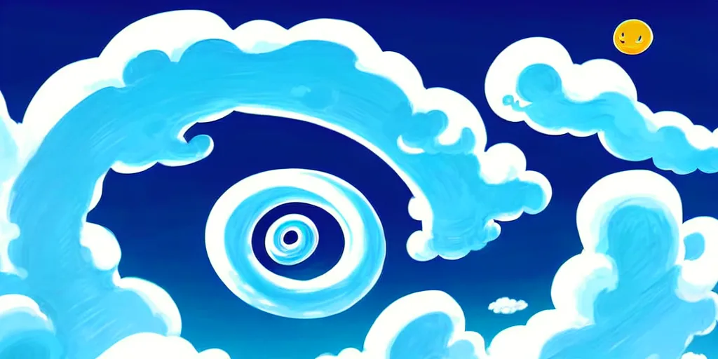 Prompt: cartoon concept art, clean blue sky spiral clouds, from sam and max