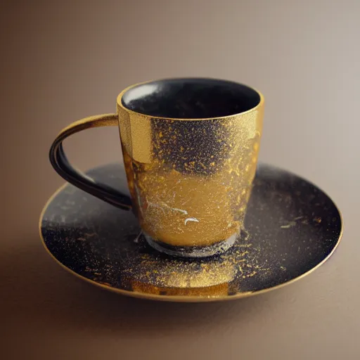 Image similar to cup of steaming coffee, ornate kinatsugi, baroque, gold dust, marble background, dark-brown, gold cracks, silver, highly detailed porcelain, glazed, volumetric dust rays, dark, intricate detail, ultra realistic, dramatic lighting, wet, shiny, unreal engine 5, hyper realistic, octane render, 8k