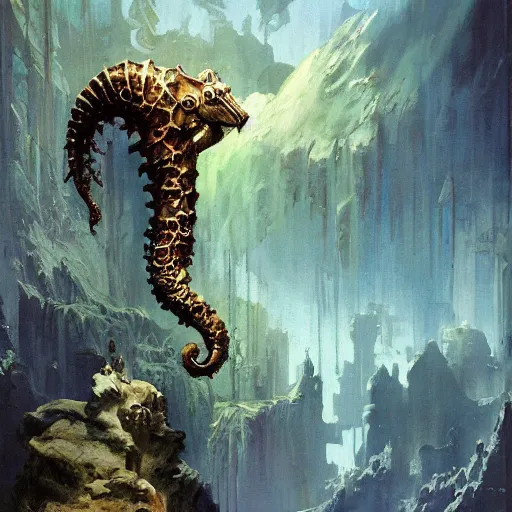 Prompt: a beautiful painting by frazetta, trending on artstation, artstation A beautiful matte painting about a seahorse made out of ferns and fractal patterns, covered in snow leopard, cyberpunk fabric, still life
