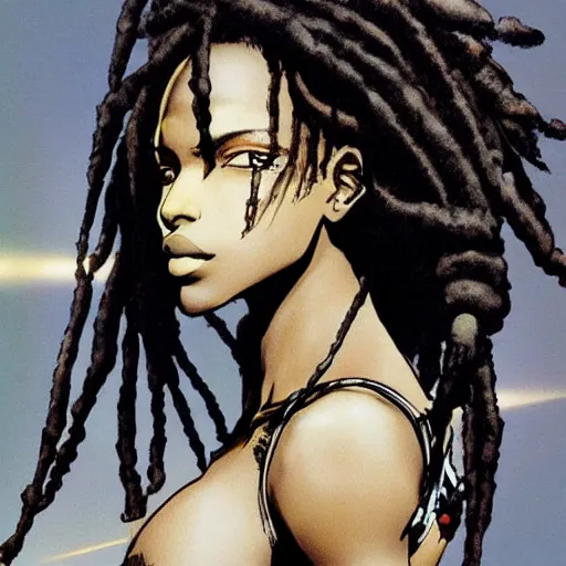 Prompt: beautiful dark - skinned woman with dreadlocks, yoji shinkawa