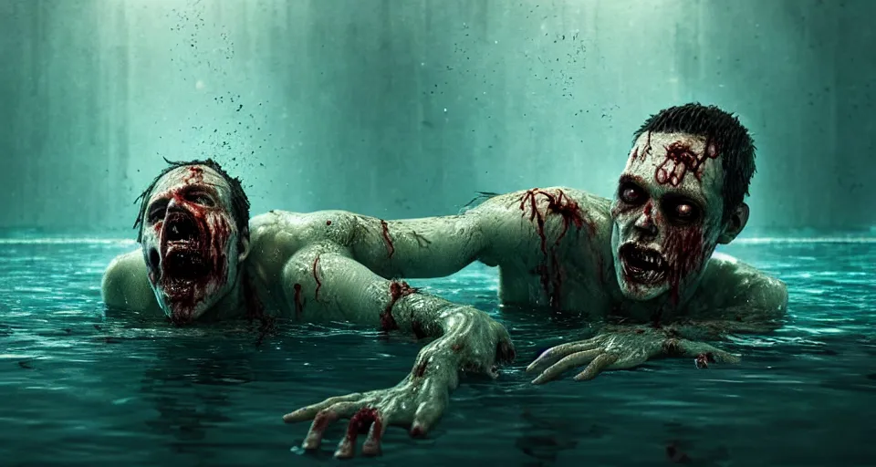 Image similar to highly detailed full body portrait of a zombie swimming underwater in a zombie - apocalypse, in a swimming pool, by greg rutkowski, octane render