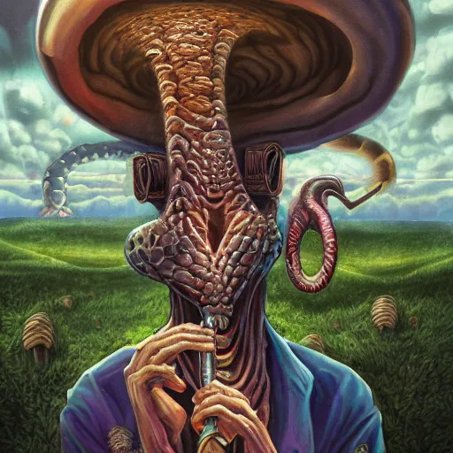 Image similar to A centered chest up portrait of a psychedelic demonic anthropomorphic snake smoking a hand-rolled cigarette smoking heavily , magic mushroom village in background , award winning. superb resolution. in the art style of junji Ito and greg rutkowski . Detailed Mushroom city in background. Hyper realistic anime. Perfect art. Dalle2