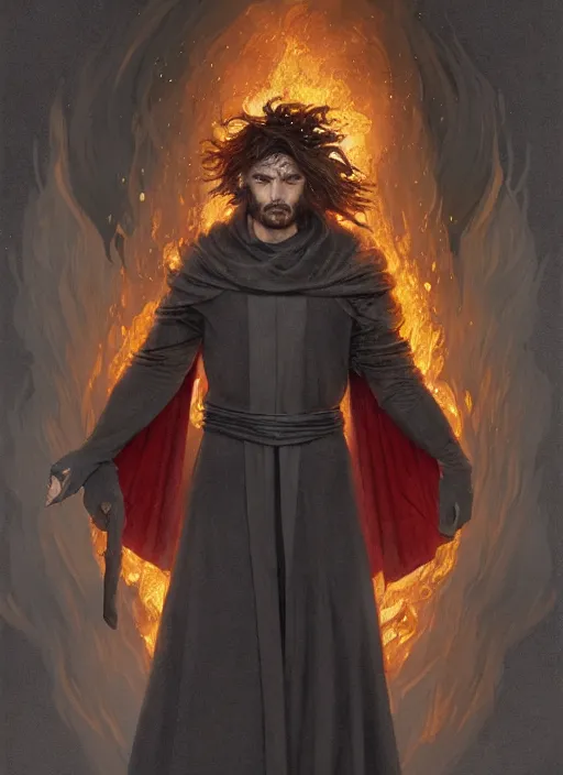 Prompt: medium-length portrait of a male fire genassi sorcerer with hair made of fire and dark eyes, grey skin, serious expression, wears a dark robe and silver gauntlets, medieval setting, highly detailed, digital painting, artstation, concept art, sharp focus, illustration, art by greg rutkowski and alphonse mucha