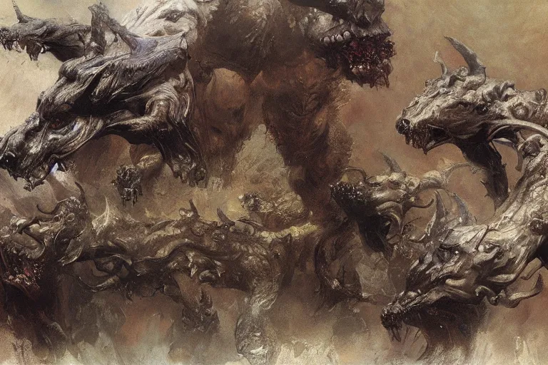 Image similar to hyperdetailed matte art of cerberus by ilya repin, amano, salvador dali, craig mullins