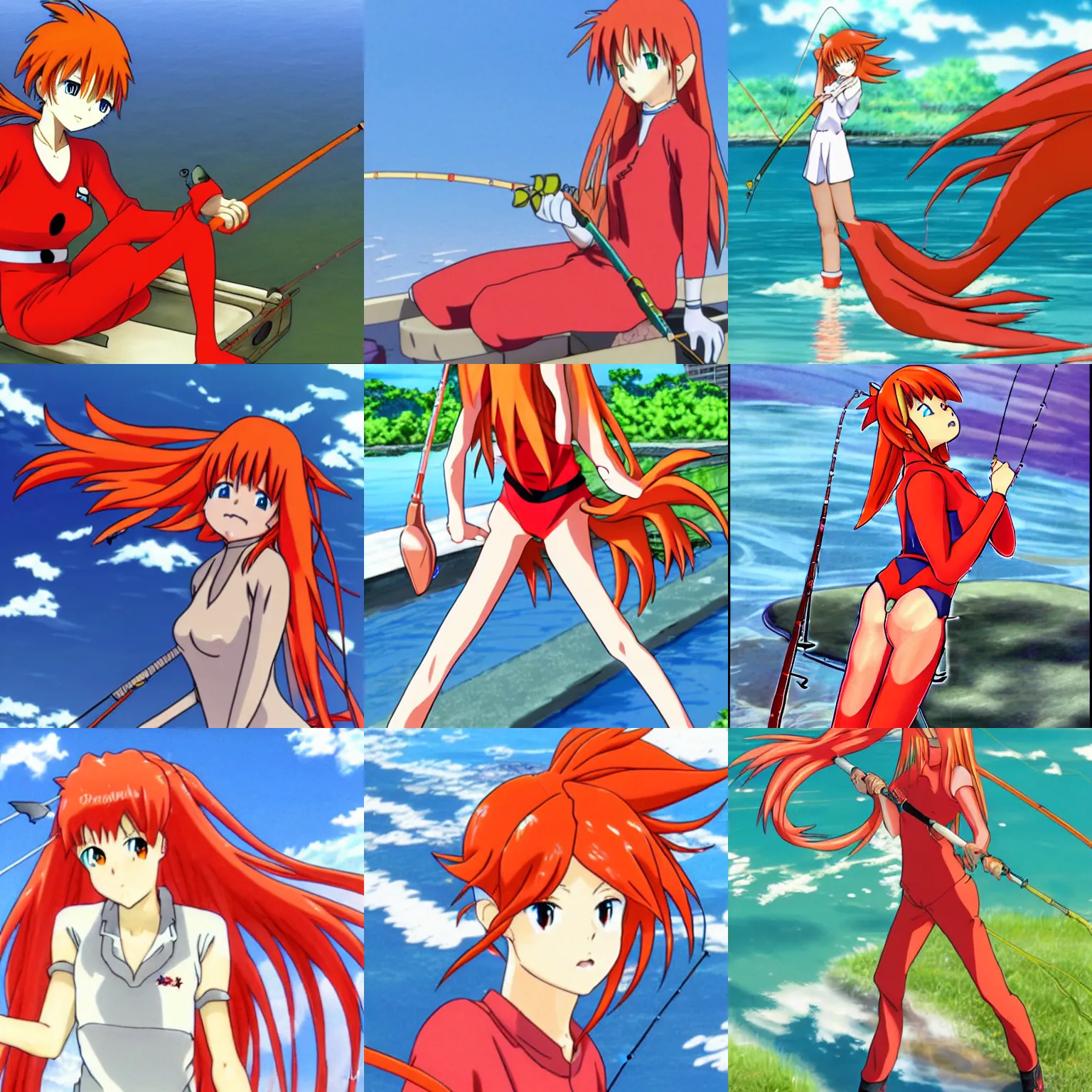 Prompt: asuka langley fishing, anime style