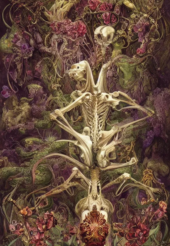 Prompt: simplicity, elegant, colorful muscular eldritch animals and bones radiating from fractal, orchids, flowers, mandala, white bones, by h. r. giger and esao andrews and maria sibylla merian eugene delacroix, gustave dore, thomas moran, pop art, chiaroscuro, biopunk, art nouveau