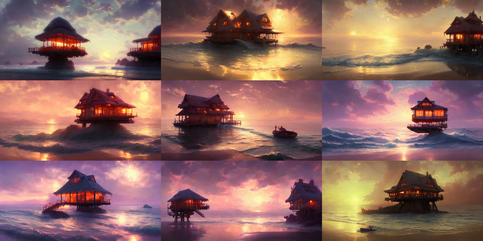 Prompt: magical fantasy floating beach house at sunset, highly detailed, lens flare, bloom, fantasy, digital painting, concept art, matte, art by ruan jia and wlop and greg rutkowski and makoto shinkai, masterpiece