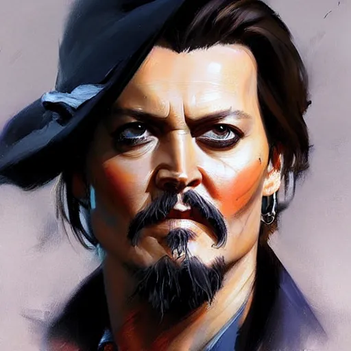 Prompt: greg manchess portrait painting of johny depp as overwatch character, medium shot, asymmetrical, profile picture, organic painting, rainy day, matte painting, bold shapes, hard edges, street art, trending on artstation, by huang guangjian and gil elvgren and sachin teng