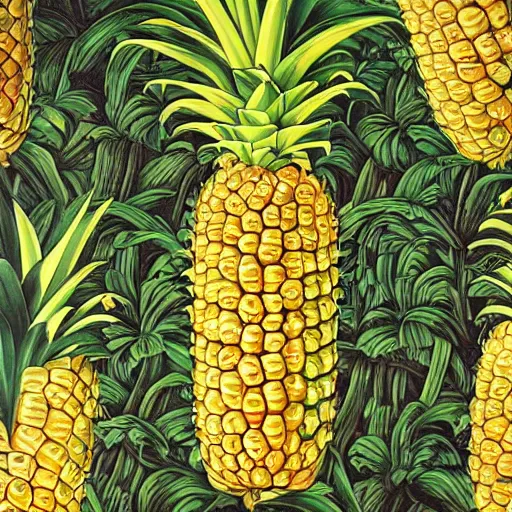 Image similar to pineapples, corn, and bananas in the jungle by kehinde wiley