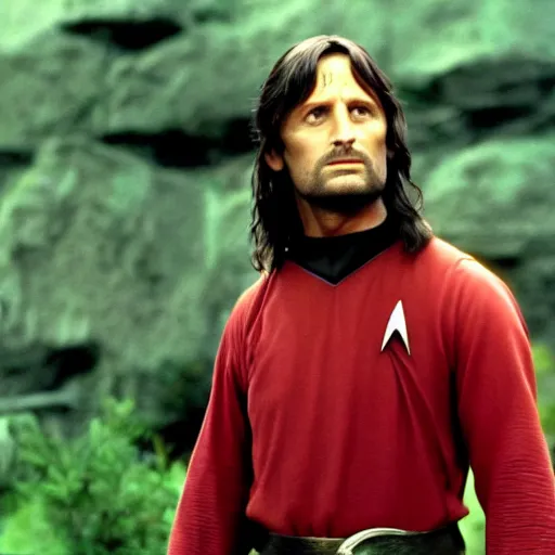 Image similar to A still of Aragorn as Scotty on Star Trek: The Original Series, red shirt, sharp focus, high quality, 4k