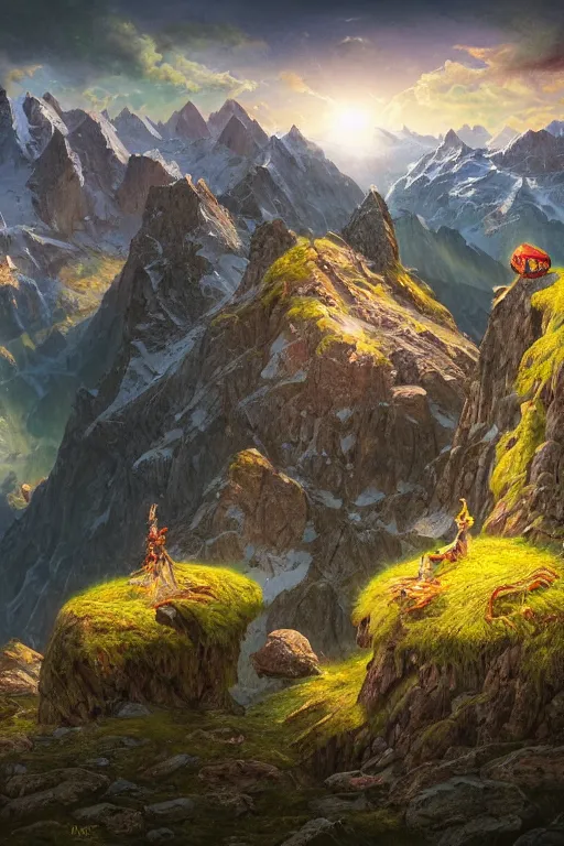 Prompt: matte painting of beautiful mountain landscape in northern switzerland with flying spaghetti moster in the center, by albert whitlock, amazing details, beautiful composition, vibrant colors, bird eye view, luminescent, warm hue's