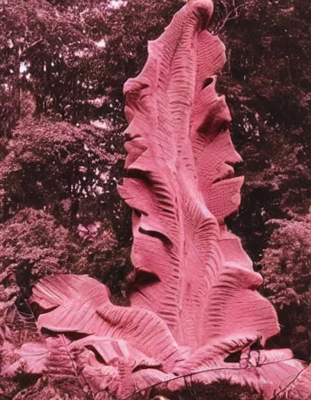 Image similar to vintage color photo of a giant 1 1 0 million years old abstract sculpture made of liquid pink gold covered by the jungle vines