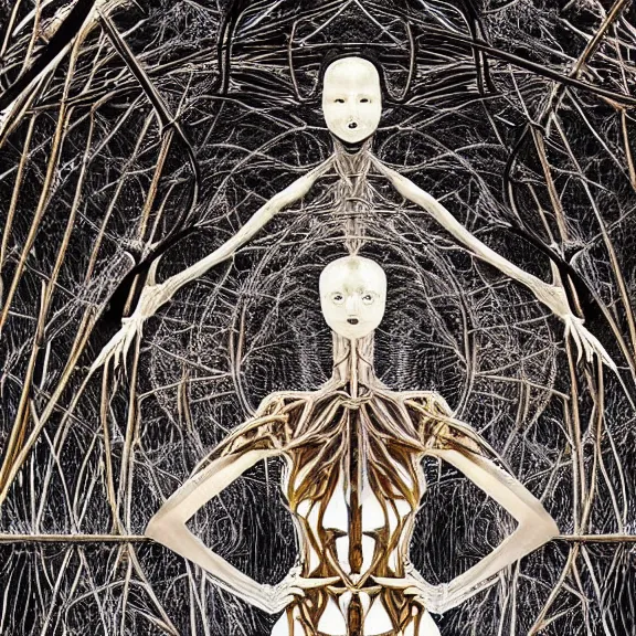 Image similar to symmetric frame from Prometheus, biomechanical gaia, by Neri Oxman and alexander mcqueen metal couture editorial, in mycelium hanging garden by giger by utagawa kuniyoshi