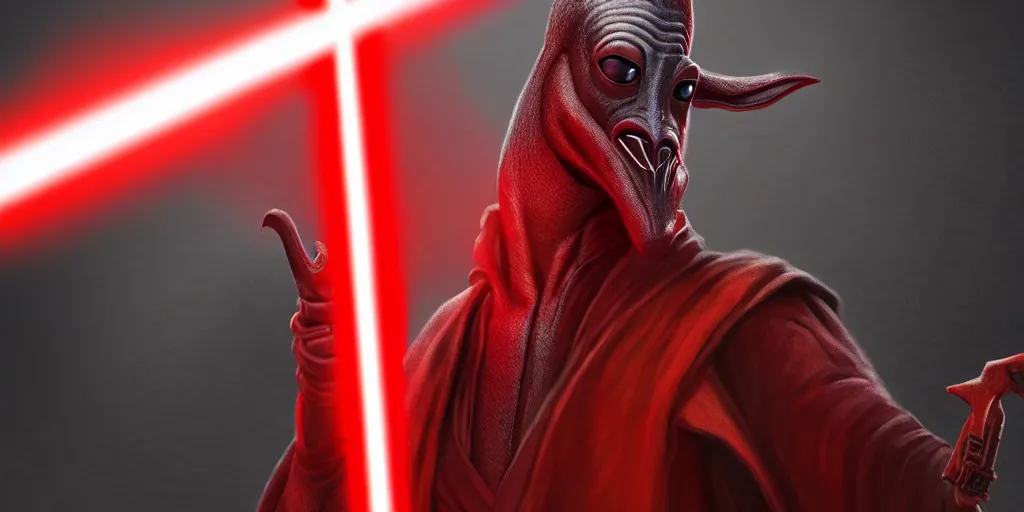 Image similar to jar jar binks as a sith lord, holding a red lightsaber, in the style of artstation, 4 k