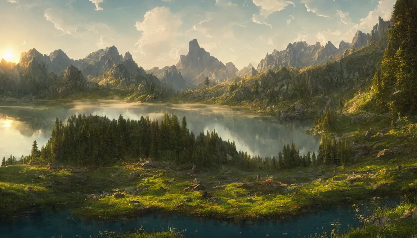 Prompt: the mountain lake glistening in the sunlight in a meadow, matte painting, trending on artstation, simon stalenhag and thomas cole